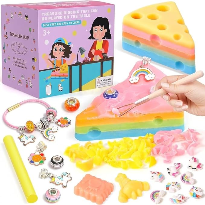 TuKIIE 4-in-1 Excavation Dig Kit for Kids, Rainbow Cheese Bar Soap with 6 Random Charms, Soap & Charm Bracelet Making Kit Educational Toys for Girls Children