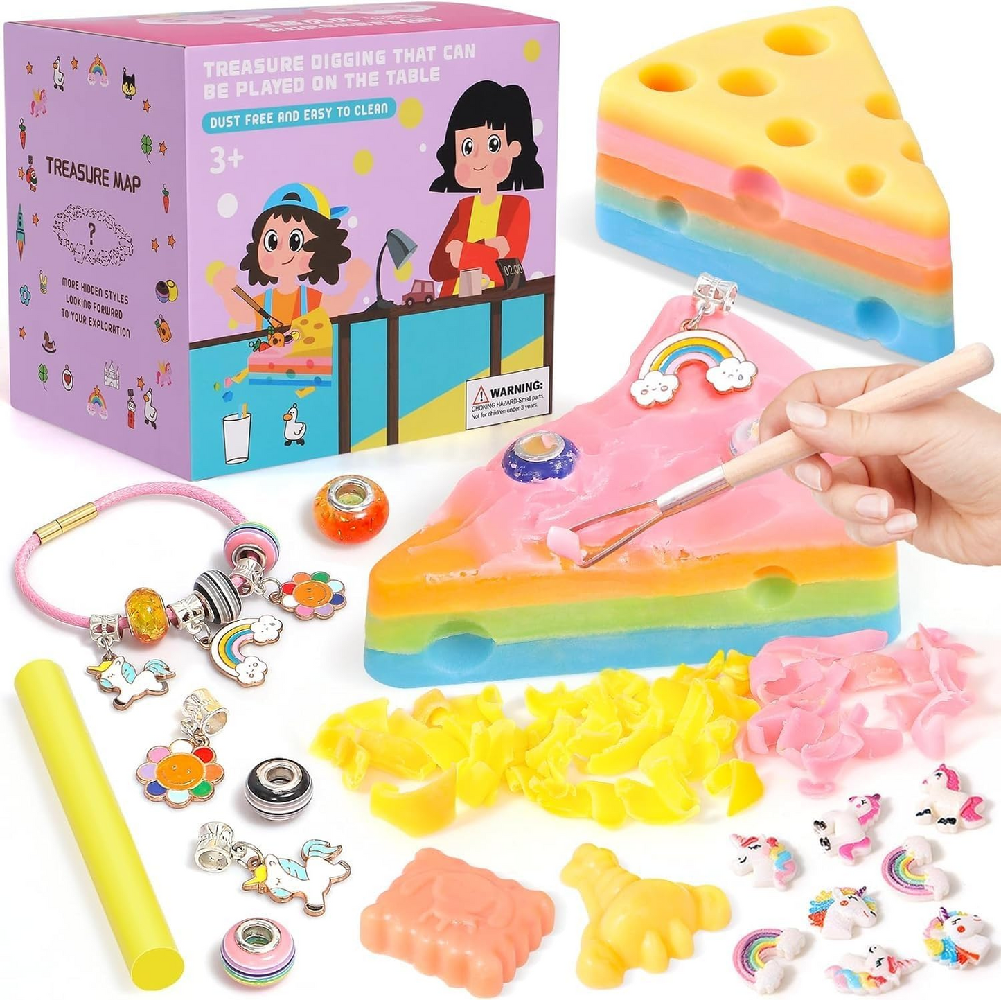 TuKIIE 4-in-1 Excavation Dig Kit for Kids, Rainbow Cheese Bar Soap with 6 Random Charms, Soap & Charm Bracelet Making Kit Educational Toys for Girls Children